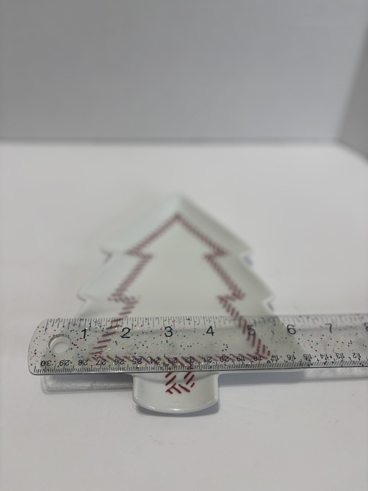 Crate Barrel Christmas Tree Snack Serving Dish Plate White Red Design Candy