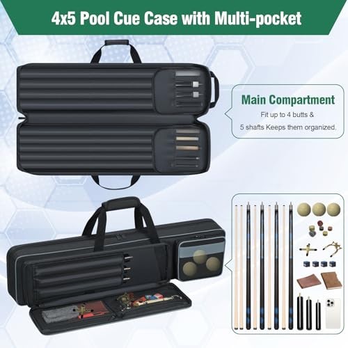 Padded Pool Cue Case 4x5 - Soft Billiard Stick Bag with Multi-Pockets & Backpack