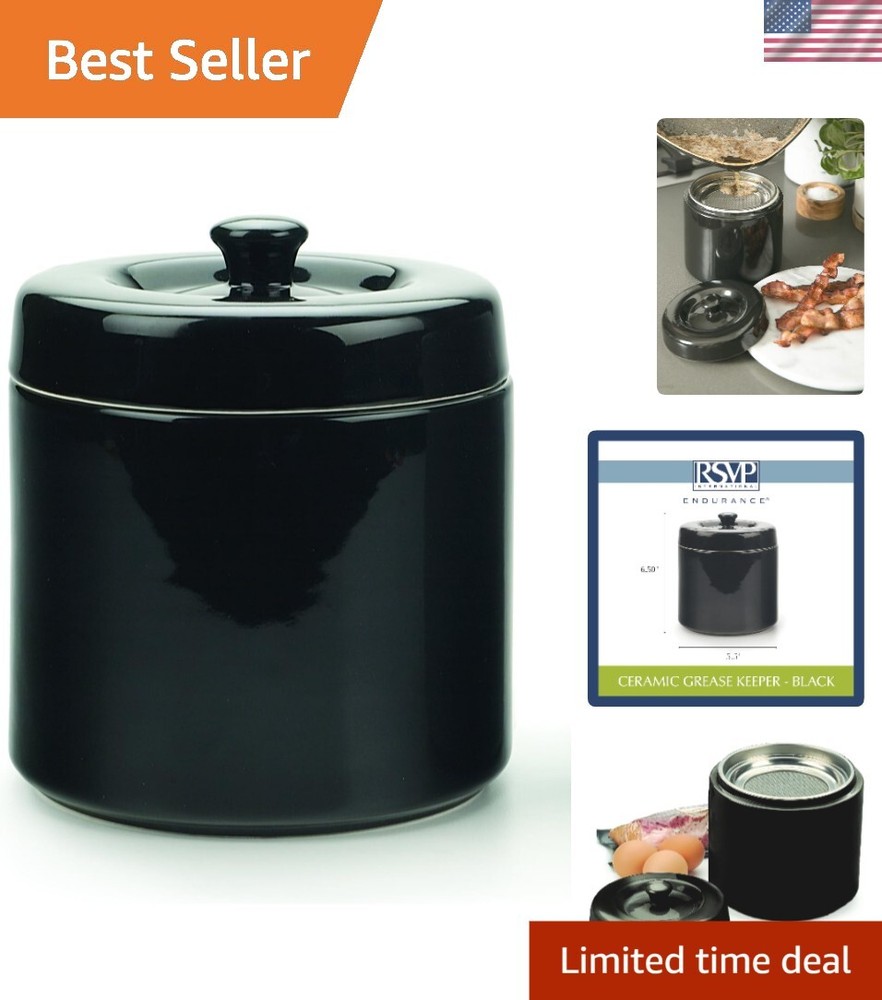 Elegant 6-Cup Stoneware Grease Keeper with Strainer - Black Kitchen Accessory