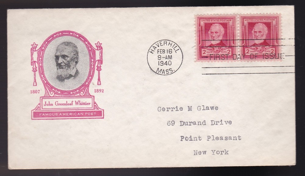 JOHN GREENLEAF WHITTIER #865 US FIRST DAY COVER 1940, IOOR CACHET FDC