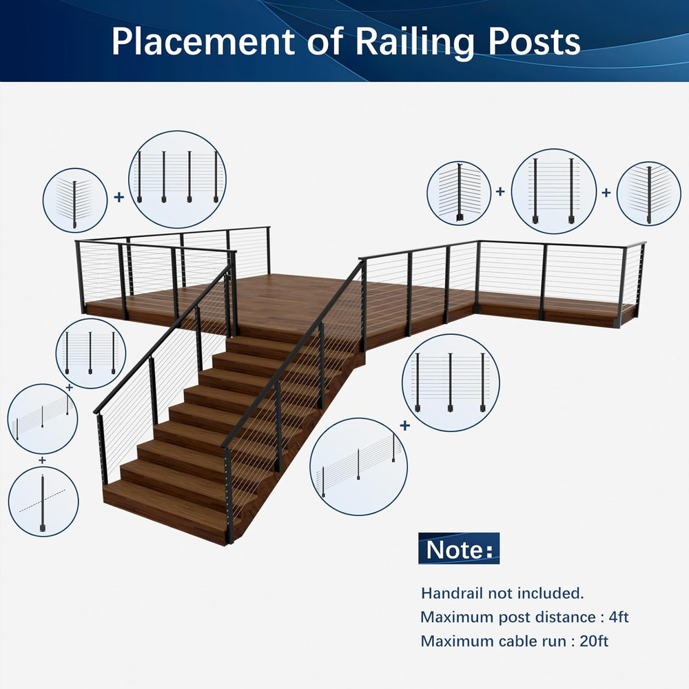 2Pack Side Mount Cable Railing Post Kits with 105Ft Cable & Tensioners