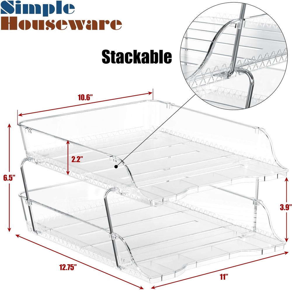 2-Tier Clear Stackable Letter Tray Organizer – Desktop File Holder for A4/Let...