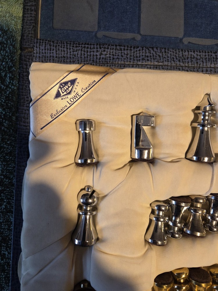 Vintage E. S. Lowe Exclusive Creation Chess Set, Nice Metal Pieces, Board & Case