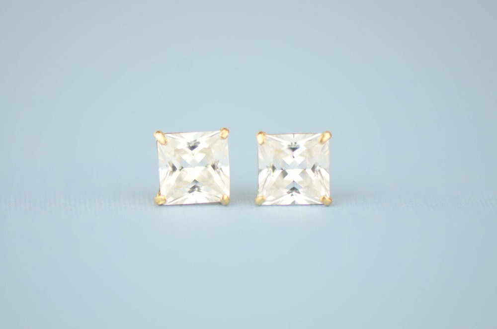 14k solid yellow gold square clear CZ basket set stud earrings 3mm-10mm