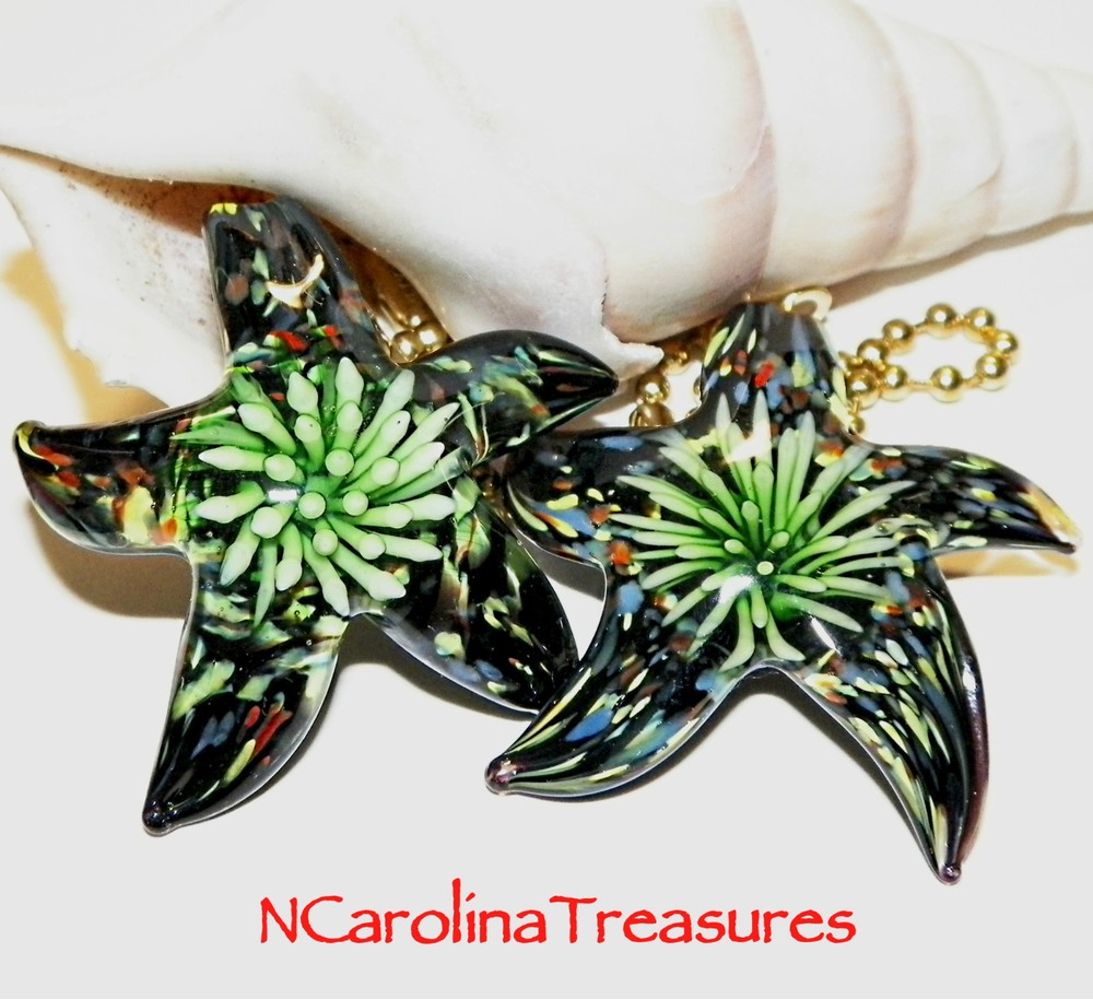 STAR STARFISH GREEN BLACK BURST GLASS CEILING FAN SWITCH PULL PULLS LARGE PAIR