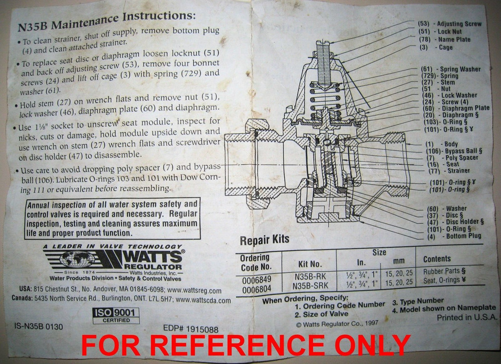 REPAIR KIT WATTS N35B Pressure Reducing Regulator Valve - 0006849 N35B-RK NEW!