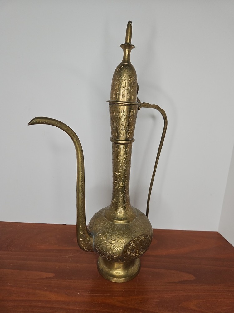 vintage Brass pitcher lidded Dallah Engraved