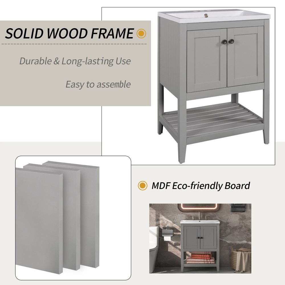 24" Modern Bathroom Vanity - Solid Wood Frame, Semilune Ceramic Sink, Open Shelf