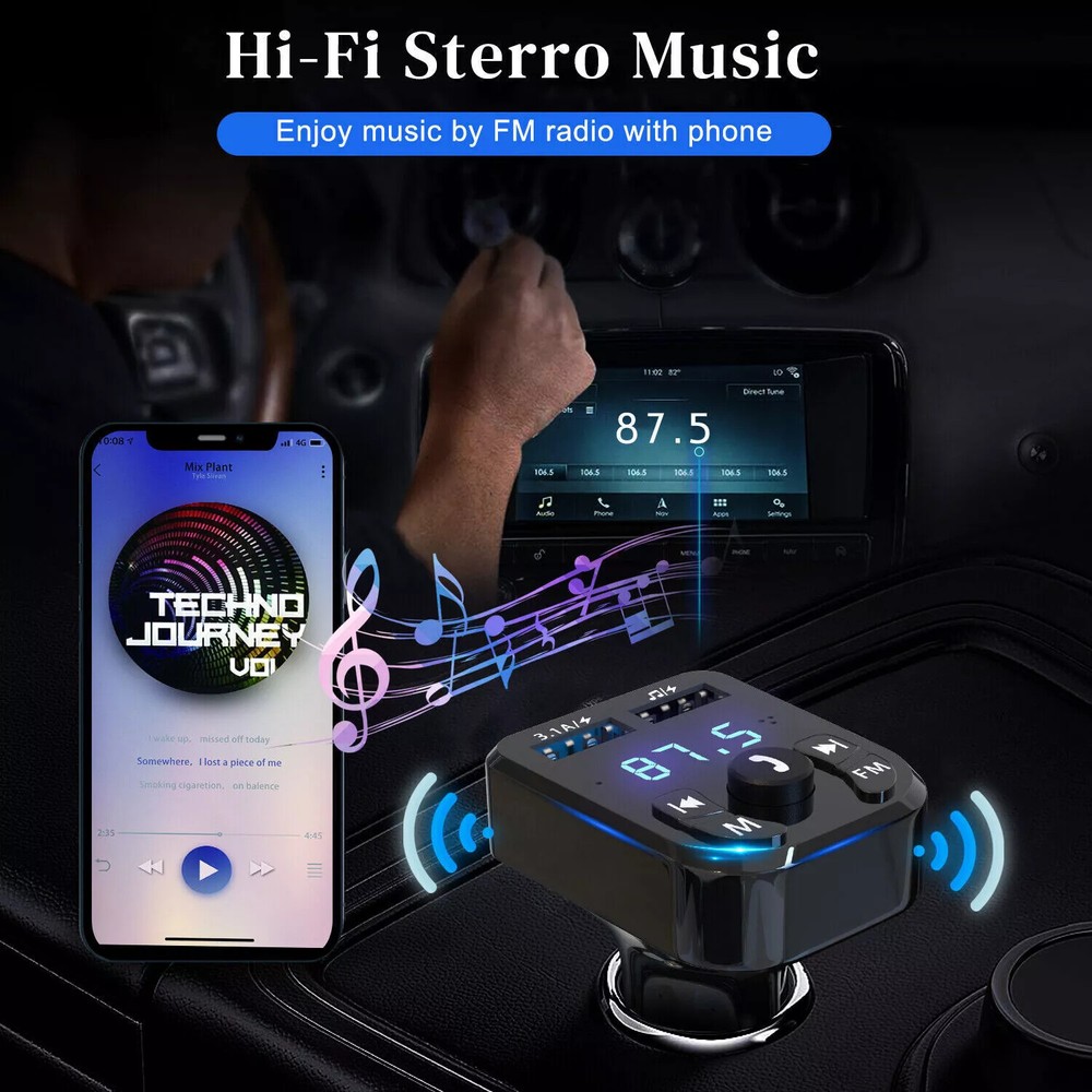 Bluetooth 5.4 FM Transmitter Car Adapter Stereo Music Adapter Hands-Free Calling
