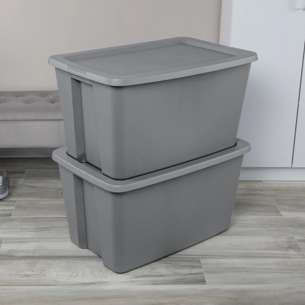 Sterilite 30 Gal Stackable Plastic Storage Bin Tote, Gray Latching Lid, 6 Pack