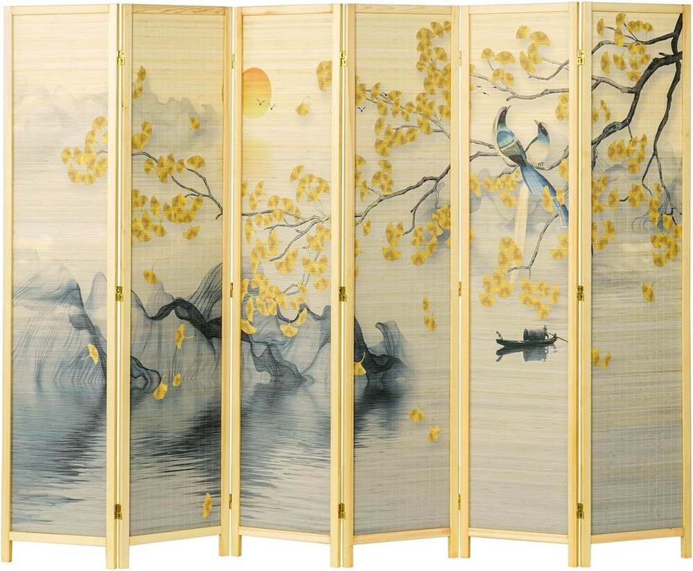 Freestanding 6 Panel Bamboo Room Divider, Artwork Partition Folding Screen