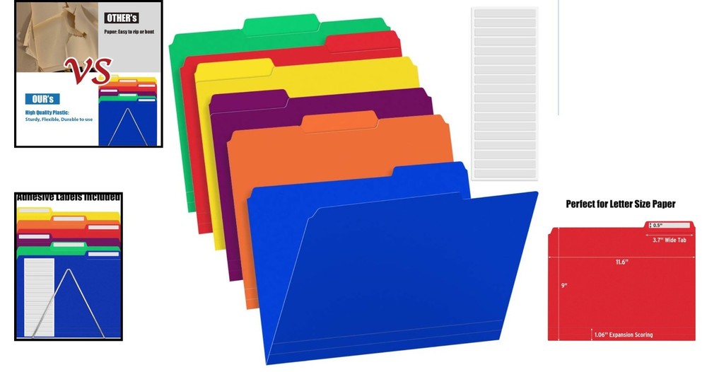 6 Assorted Plastic File Folders with Erasable Tabs - Perfect for Organization