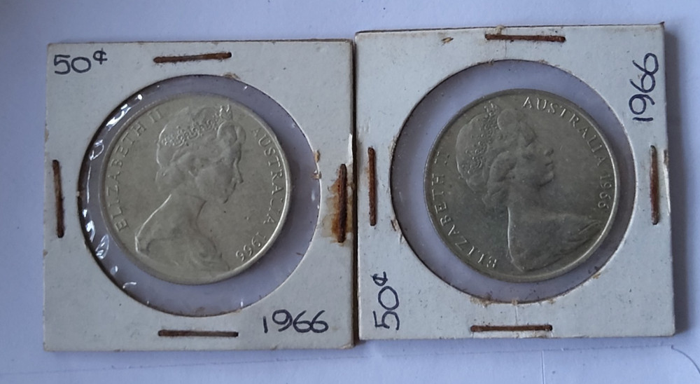 2 Queen Elizabeth II Silver 50 Cent Round Coins 1966 ref2