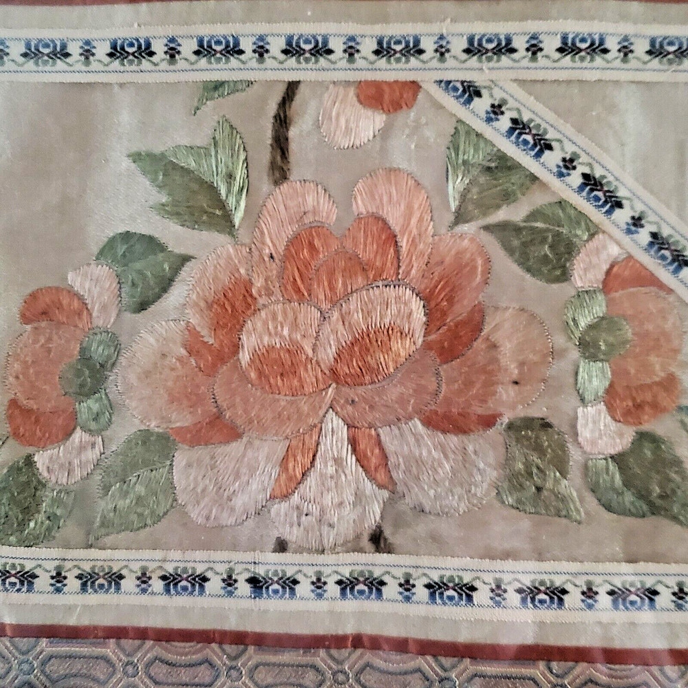 Chinese Silk Peony Hand Embroidered Framed Panel Square wShadow Box Effect 21x17