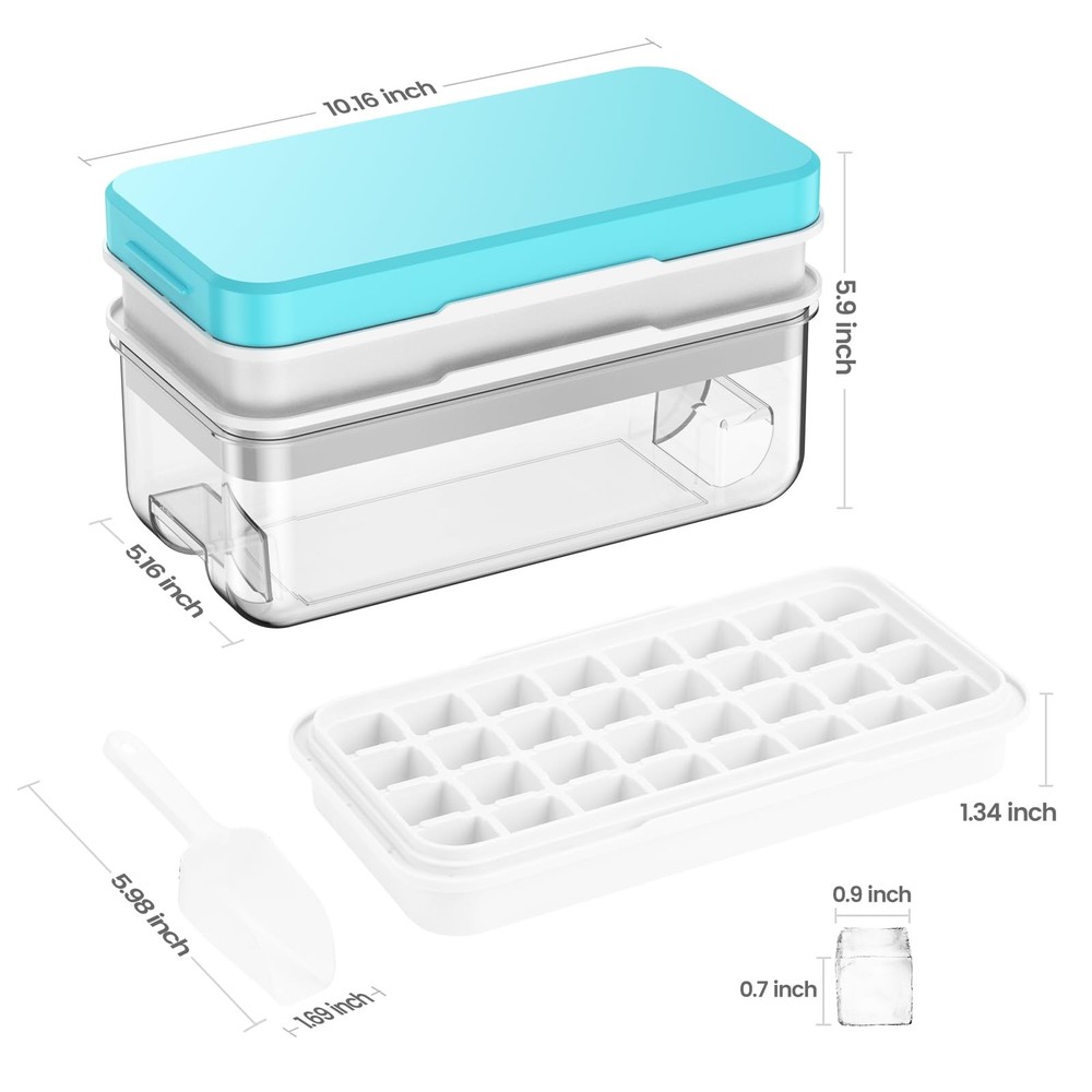 Blue 2 Tier Ice Cube Tray Set Easy Release BPA Free Includes Lid and Storage Bin