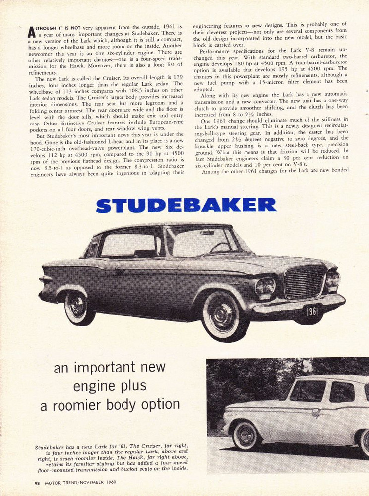1961 STUDEBAKER  ~  ORIGINAL 2-PAGE NEW CAR PREVIEW ARTICLE / AD
