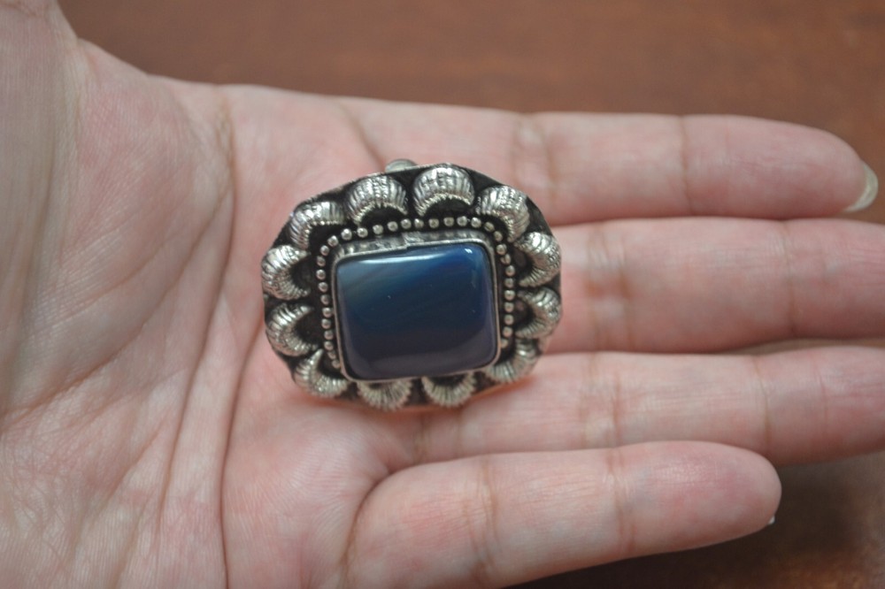 BLUE AGATE STONE SILVER PLATED COLOR RINGS ADJUSTABLE SIZE #T-41D