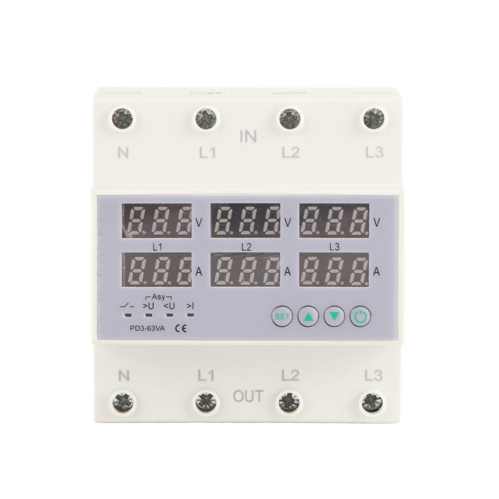 63A 3Phase DIN Rail Voltmeter Ammeter Auto-Overvoltage Overcurrent Protector AC