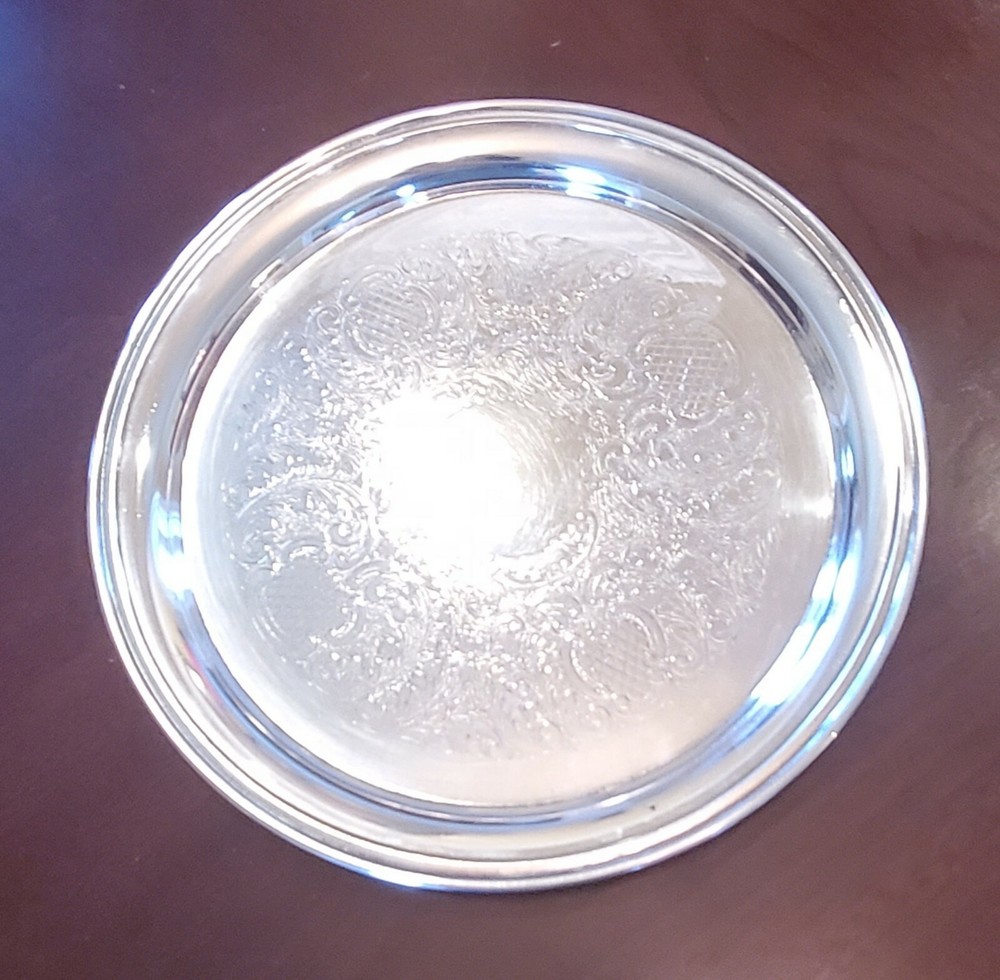 Beautiful SLS Silverplate Etched Round Serving Tray 12" dia. Nice Quality