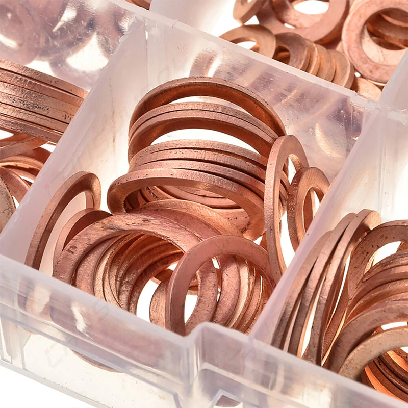 200 PCS Solid Copper Crush Washer Gasket Set Assortment Flat O-Ring Seal Kit