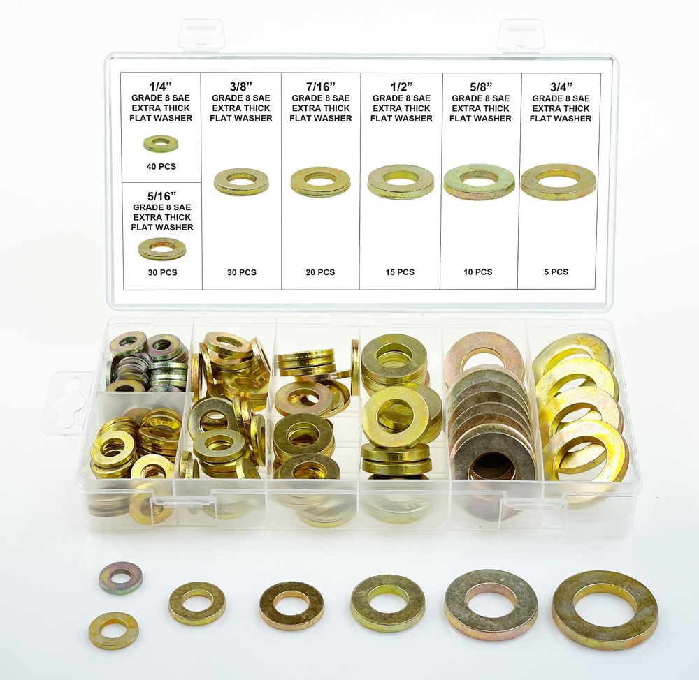 SF 32850 SAE Pattern Grade 8 Hardened Extra Thick Flat Washer Assortment, 150PCS