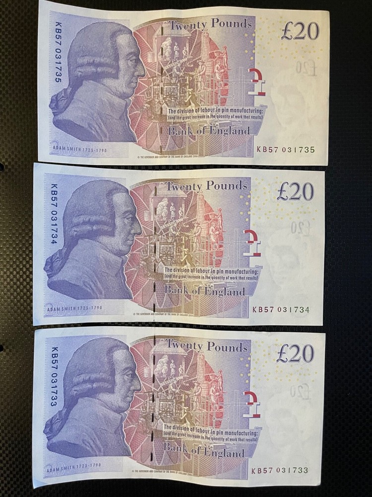 3 x Old British Twenty Pound Notes-Consecutive number-very good condition