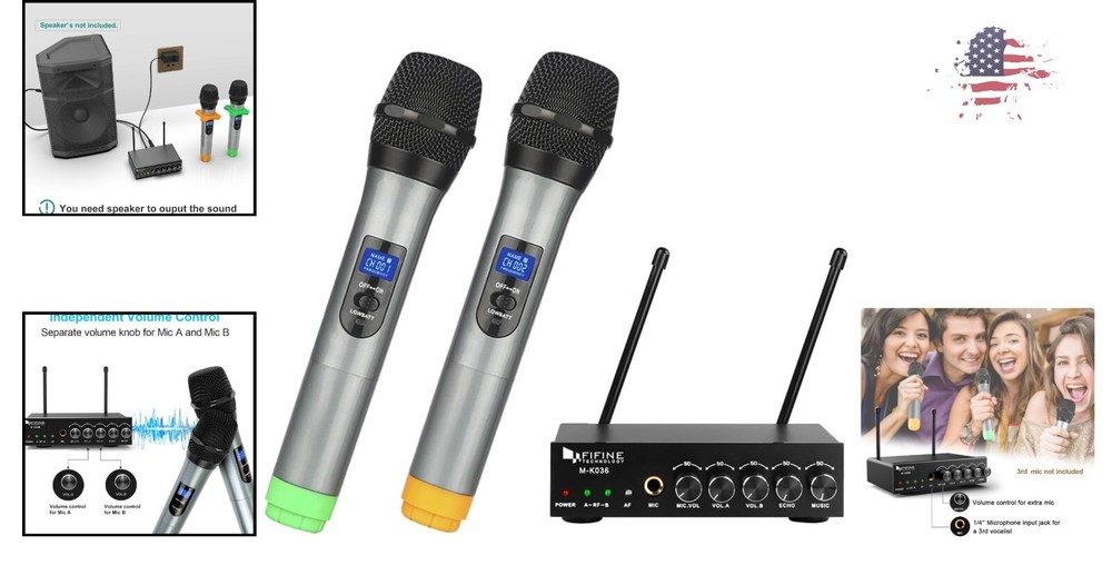 Easy-to-use Wireless Karaoke Microphone System - 2 Mics, 1 Receiver, Cables