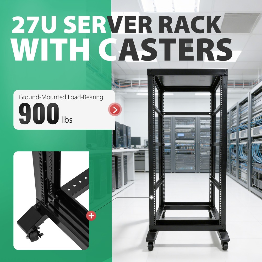 27U 4 Post Open Frame Server Rack Network 22" Adjustable Depth W/ Casters