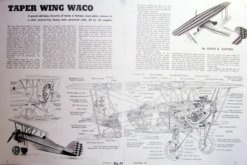 Air Trails TAPER WING WACO PLAN & CONSTRUCTION ARTICLE for37" UC Model Airplane