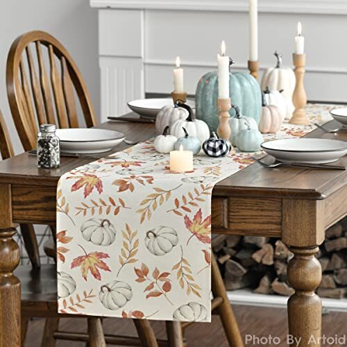 Pumpkins Fall Maple Leaves Fall Table Runner, 13" x 72", Table Runner Orange