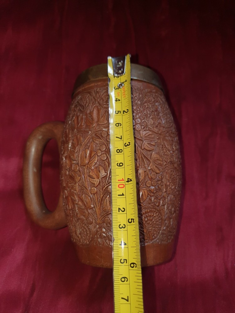 Carved German Wooden Stein with Brass Inner