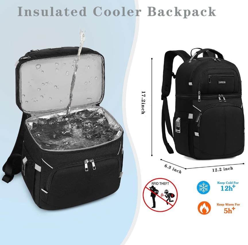 Cooler Backpack,Double Deck Leakproof Bag,Insulated Grey+Black