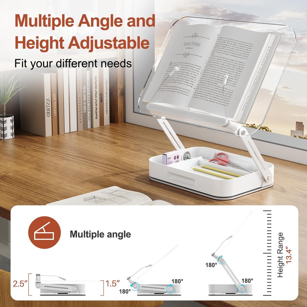 Acrylic Book Stand Storage 360 Rotating Base, Foldable Desktop Riser Holder