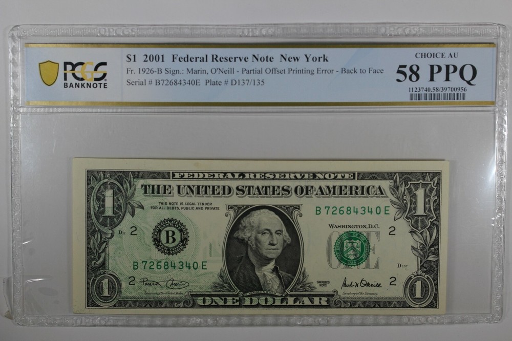 2001 $1 PCGS AU58PPQ PARTIAL OFFSET PRINTING ERROR - CONSEC.SERIAL #'S (2)