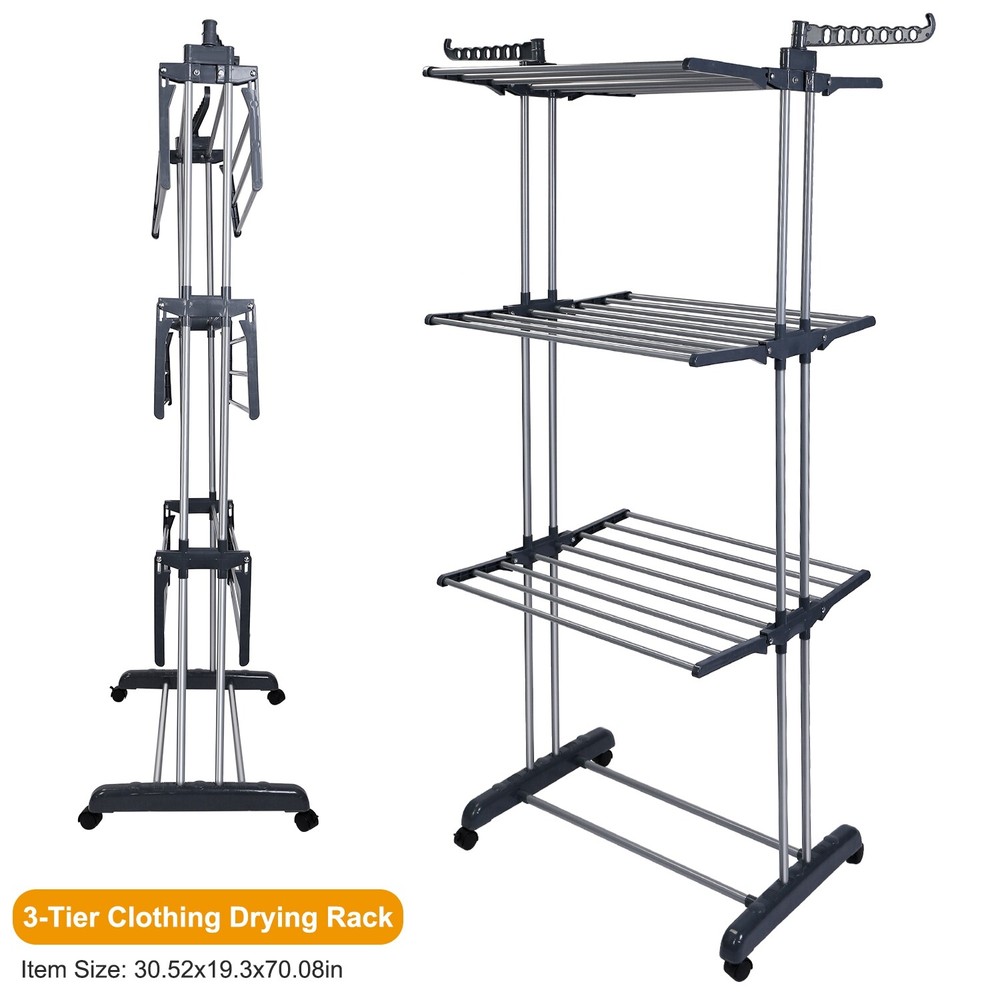 3 Tier Clothes Drying Rack Folding Dryer Hanger Stand Laundry Organizer Wheels