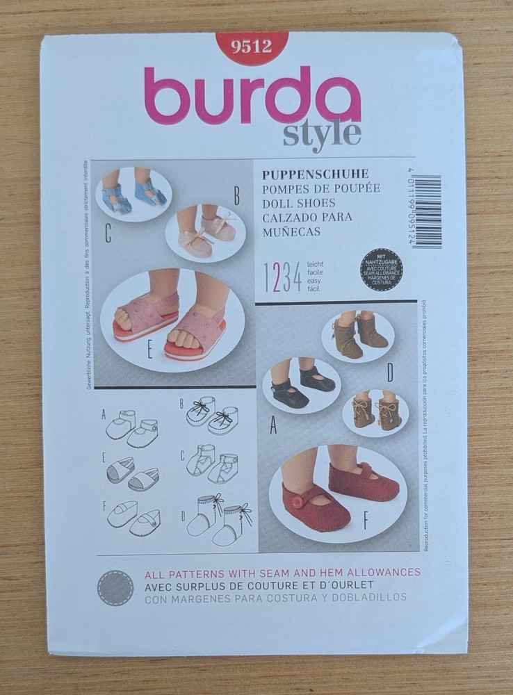 Burda Style 9512 Doll Shoes Pattern One Size Uncut