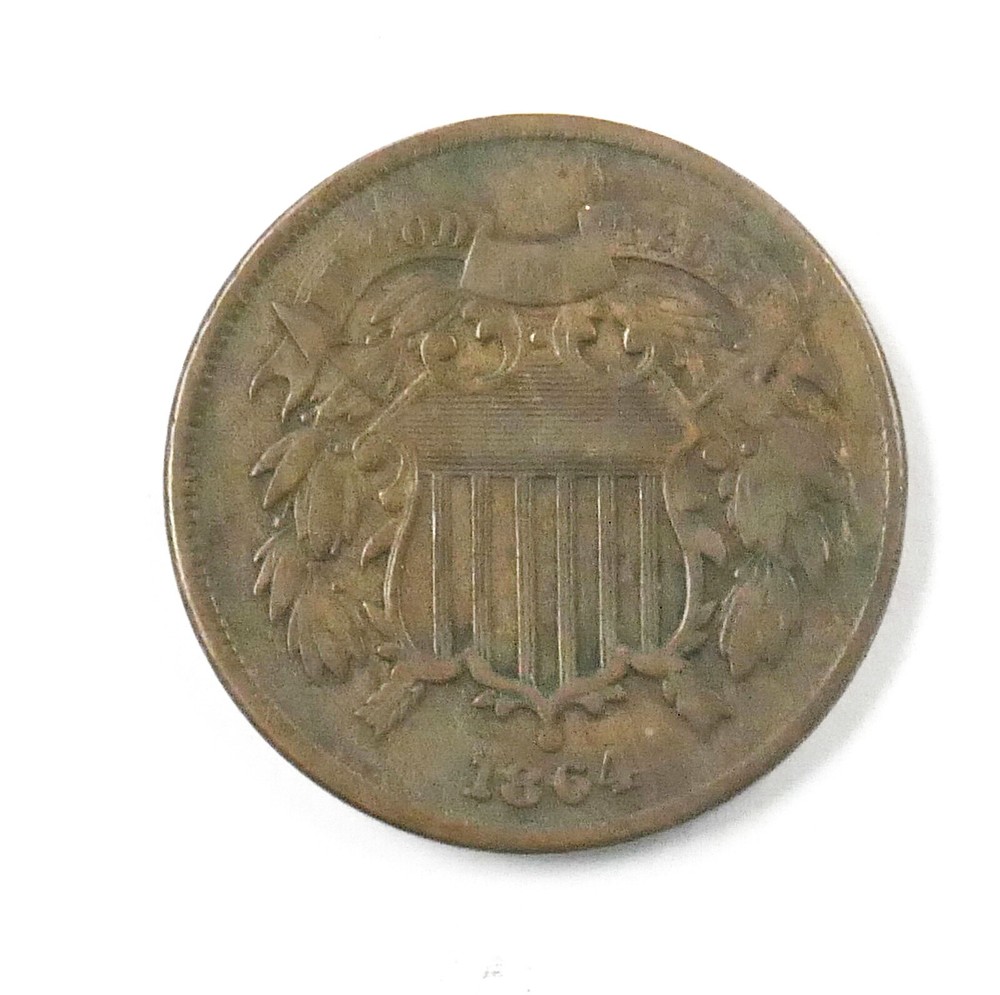 1864 US Mint Copper 2 Cent Coin ~ Fine