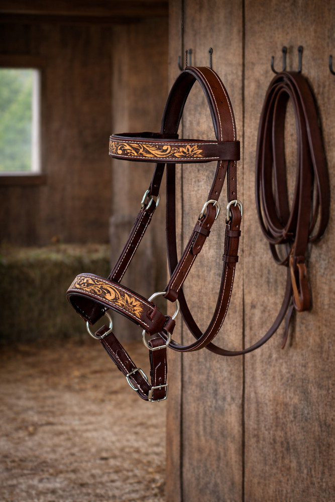 Horse Western Leather Bitless Sidepull Bridle Split Reins 77RS29BR