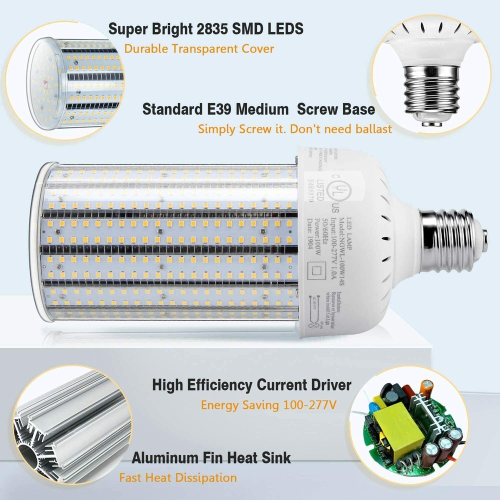 E39 Large Base 100W LED Retrofit Bulb Corn Cob Light 5000K High Bay Lighting DLC