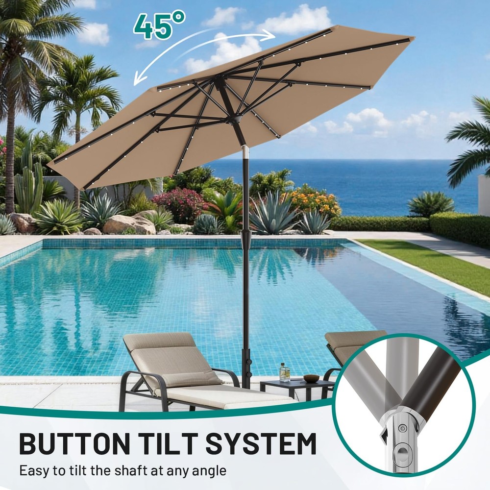 AreShark 9FT Patio Umbrella with Solar Lights, 32 Lighted Pool 9 FT, Beige