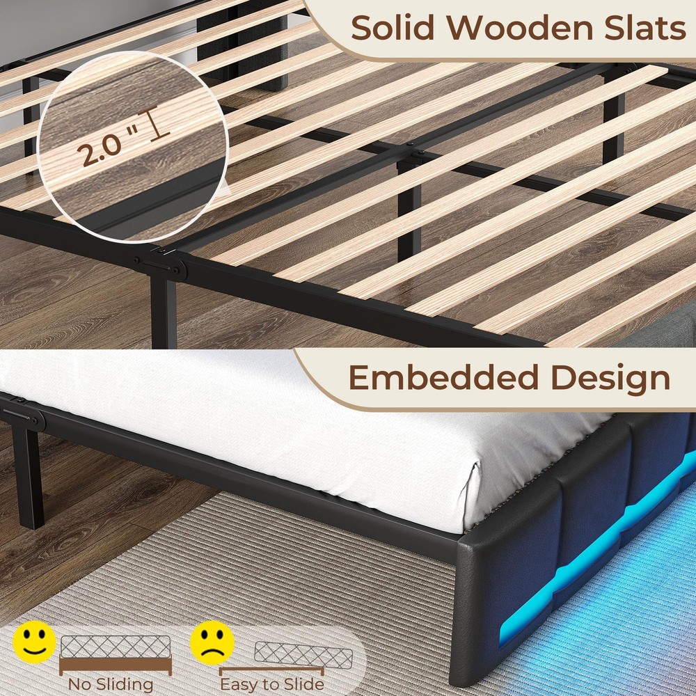 Full Size Bed Frame with LED Lights and Charging Station, Upholstered Headboa...