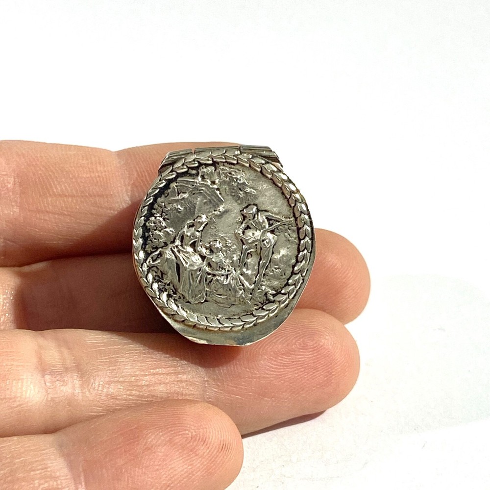 Antique Solid Silver Italian miniature Pillbox , Hallmarked with romantic scene