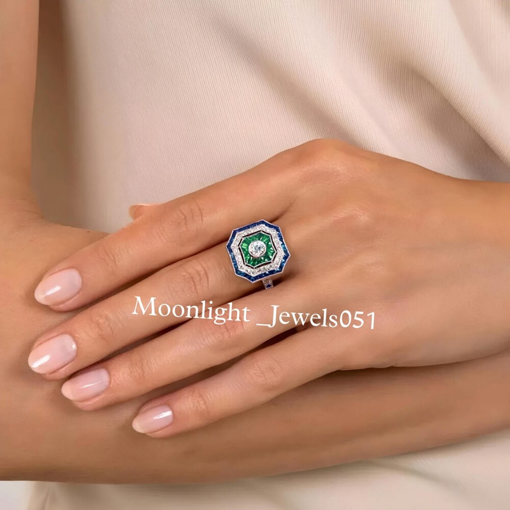 Art Deco Round Lab Created Diamond Emerald & Sapphire 925 Silver Engagement Ring