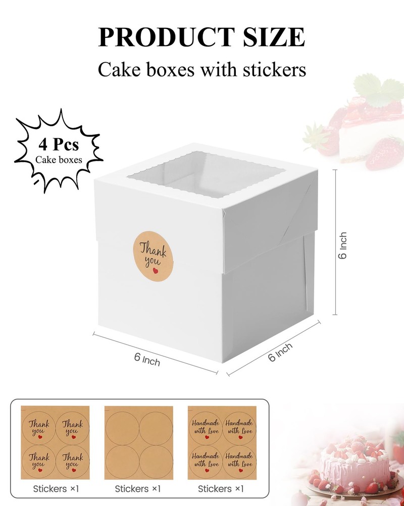 4Pcs 6x6x6 Inches Mini Cake Boxes, White Square Bakery Boxes with Window, Sma...