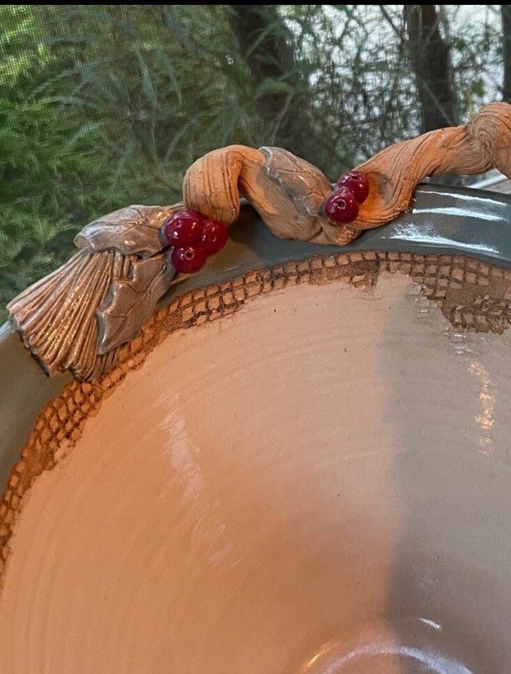 Handmade Holly Berry Pinecone Pottery Bowl Signed