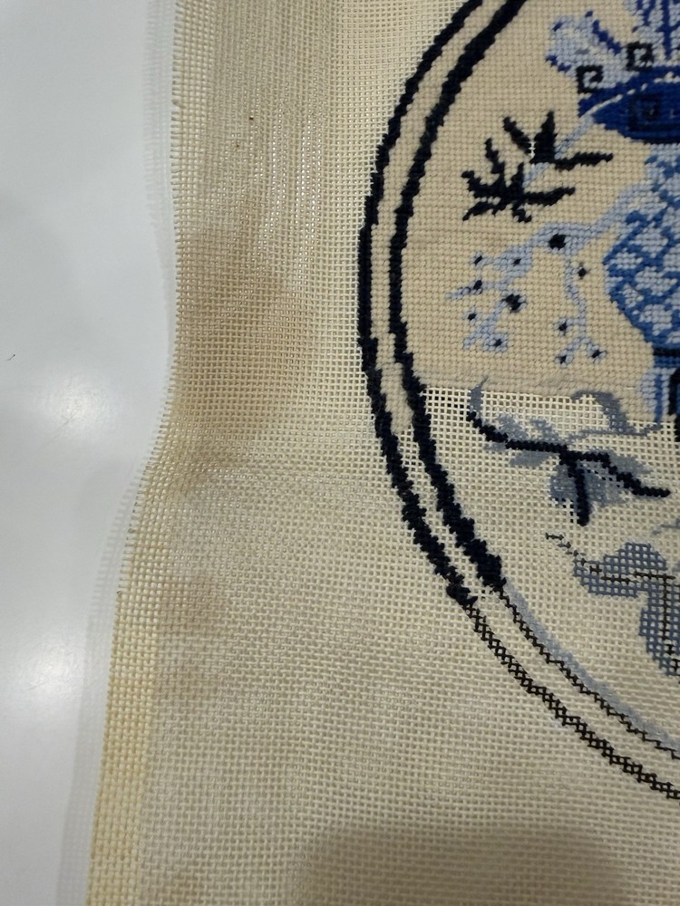 Vintage Needlepoint Tapestry Canvas - Delft Blue Floral Design - started