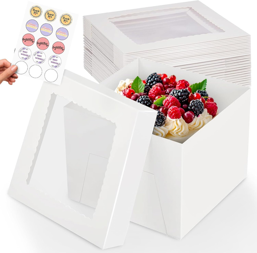 15 Pcs Cake Boxes 12X12X8" Tall Cake Box with Window Large White Bakery Boxes