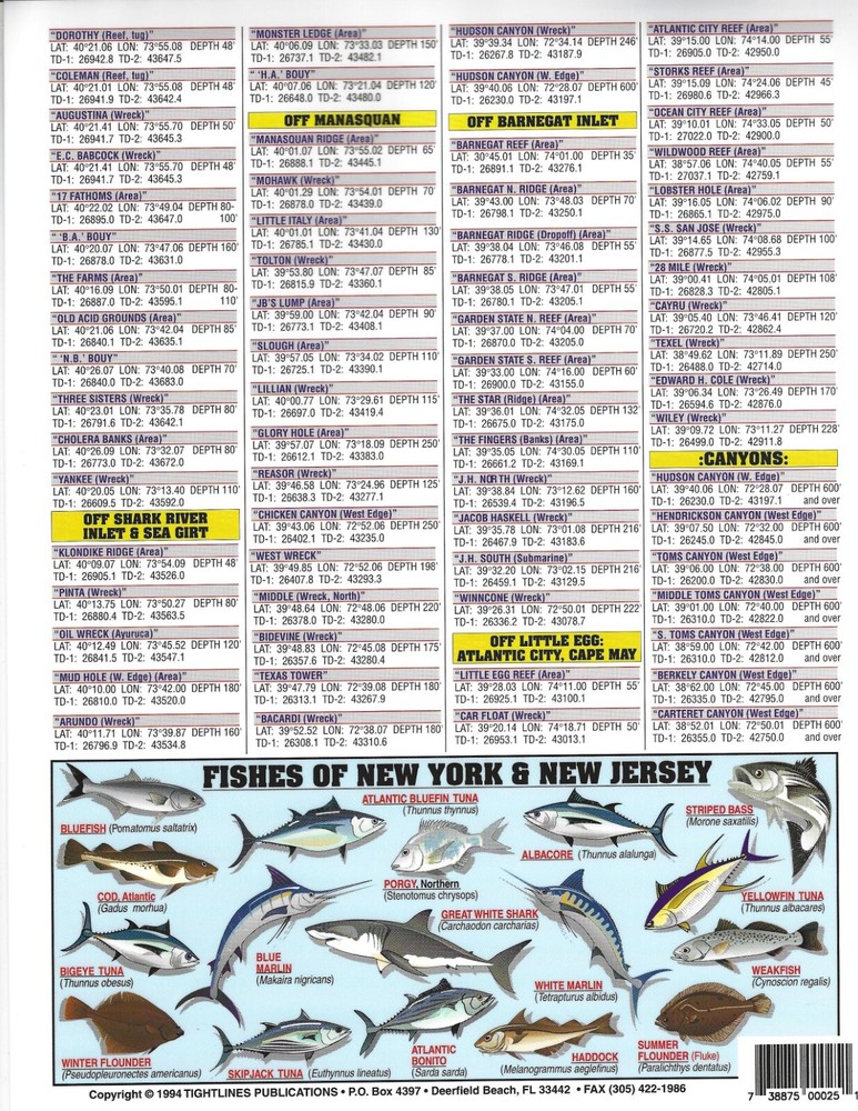 Northeast GPS Chart #1 (Wrecks, Reefs, and Inlets) - Quick Reference Guide
