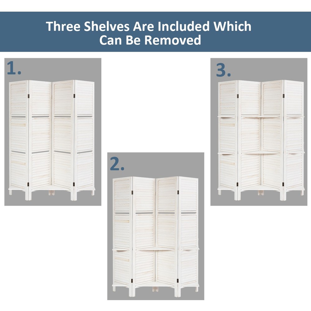 4 Panel Folding Room Divider Screen W/3 Display Shelves 5.6 Ft Tall White