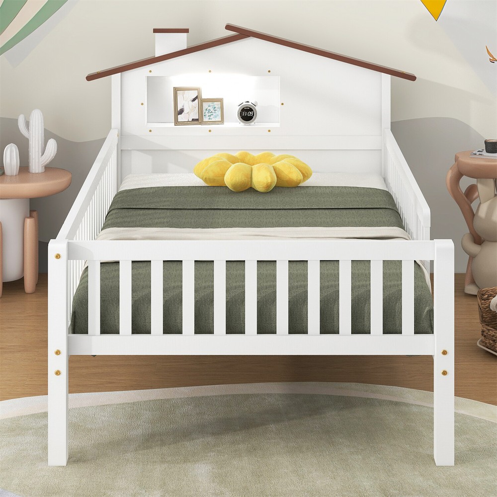 Twin/Full Size Bed Frame Wood Platform Bed with Storage Headboard White/Natural